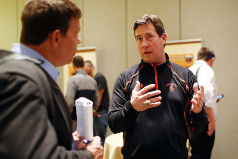 PHOENIX, AZ – FEBRUARY 21: Bobby Evans, general manager of the San Francisco Giants, speaks to the media during 2017 Cactus League Media Availability on Tuesday, February 21, 2017, at the Arizona Biltmore Hotel in Phoenix, Arizona. (Photo by Alex Trautwig/MLB Photos via Getty Images)