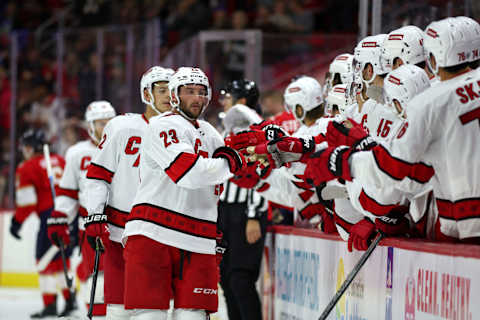 RALEIGH, NORTH CAROLINA – SEPTEMBER 27: Stefan Noesen #23 of the Carolina Hurricanes celebrates with his team following a goal scored during the third period of their game against the Florida Panthers at PNC Arena on September 27, 2023 in Raleigh, North Carolina. (Photo by Jared C. Tilton/Getty Images)