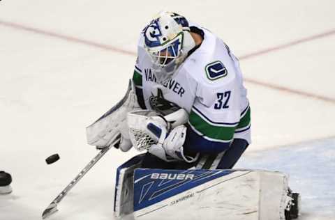 Mar 5, 2017; Anaheim, CA, USA; Vancouver Canucks goalie Richard Bachman (32) makes a save in the third period of the game against the Anaheim Ducks at Honda Center. Canucks won 2-1. Mandatory Credit: Jayne Kamin-Oncea-USA TODAY Sports