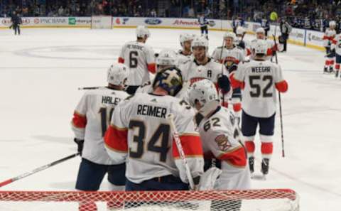 ST. LOUIS, MO – JANUARY 9: The Florida Panthers celebrate their victory over the St. Louis Blues at Scottrade Center on January 9, 2018 in St. Louis, Missouri. (Photo by Scott Rovak/NHLI via Getty Images)