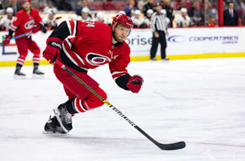 OTTAWA, ON – FEBRUARY 12: Carolina Hurricanes Defenceman Jaccob Slavin (74) closes on the play during third period National Hockey League action between the Carolina Hurricanes and Ottawa Senators on February 12, 2019, at Canadian Tire Centre in Ottawa, ON, Canada. (Photo by Richard A. Whittaker/Icon Sportswire via Getty Images)