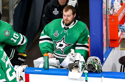 EDMONTON, ALBERTA – SEPTEMBER 23: Anton Khudobin #35 of the Dallas Stars looks on from the bench against the Tampa Bay Lightning during the third period in Game Three of the 2020 NHL Stanley Cup Final at Rogers Place on September 23, 2020 in Edmonton, Alberta, Canada. (Photo by Bruce Bennett/Getty Images)