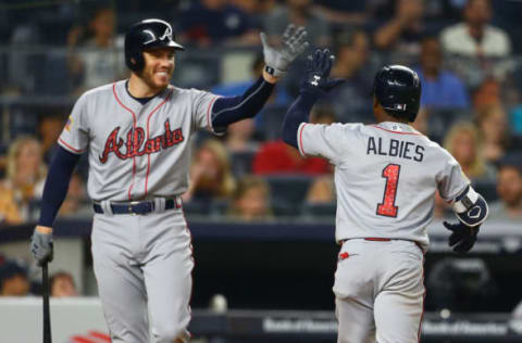 NEW YORK, NY – JULY 03: Ozzie Albies #1 of the Atlanta Braves celebrates with Freddie Freeman #5 after Albies’ solo home run in the fifth inning against the New York Yankees at Yankee Stadium on July 3, 2018 in the Bronx borough of New York City. (Photo by Mike Stobe/Getty Images)