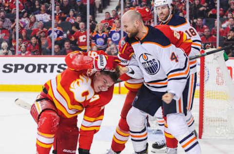 CALGARY, AB – JANUARY 11: Zack Kassian #44 of the Edmonton Oilers fights Matthew Tkachuk #19 of the Calgary Flames during an NHL game at Scotiabank Saddledome on January 11, 2020 in Calgary, Alberta, Canada. (Photo by Derek Leung/Getty Images)