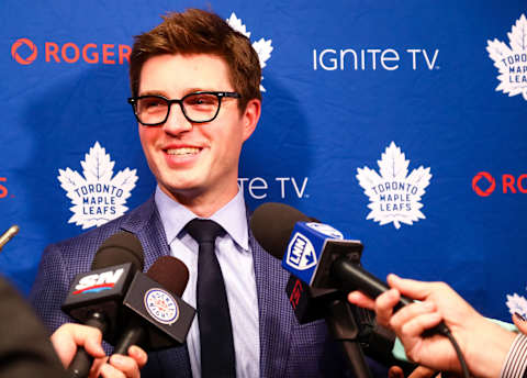 Dec 1, 2018; Saint Paul, MN, USA; Toronto Maple Leafs General Manager Kyle Dubas addressed the media before the start of the game against the Minnesota Wild at Xcel Energy Center.  Mandatory Credit: David Berding-USA TODAY Sports