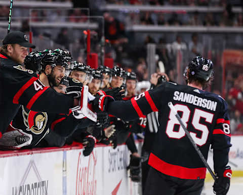 Jake Sanderson of the Ottawa Senators celebrates his second-period goal against the Edmonton Oilers. | Photo by Chris Tanouye for Freestyle Photography by Getty Images