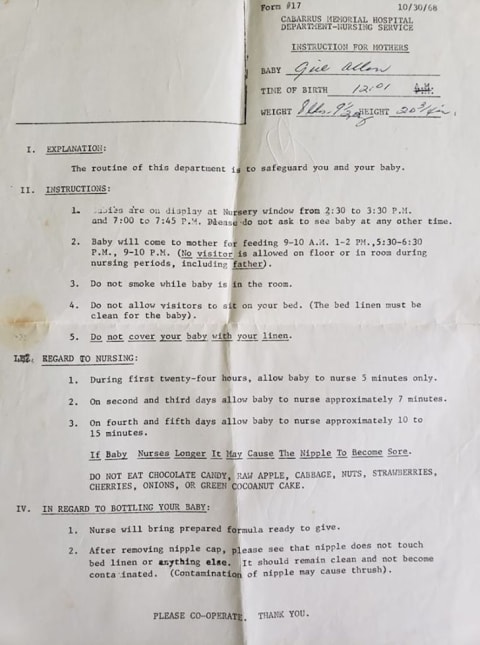 The 'new mother' hospital rules that Micala Henson's grandmother received in 1968.