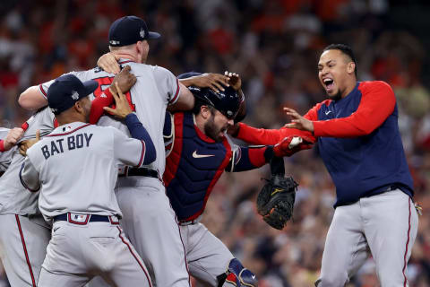 HOUSTON, TEXAS – NOVEMBER 02: The Atlanta Braves celebrate their 7-0 victory against the Houston Astros in Game Six to win the 2021 World Series at Minute Maid Park on November 02, 2021 in Houston, Texas. (Photo by Elsa/Getty Images)