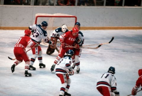 The United States Hockey team competes against the Soviet Union hockey team during a metal round game of the Winter Olympics February 22, 1980 at the Olympic Center in Lake Placid, New York.