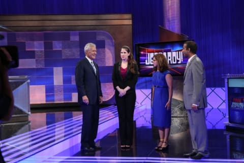 Jeopardy! host Alex Trebek chats with the show's contestants.