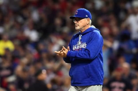 Nov 1, 2016; Cleveland, OH, USA; Chicago Cubs manager Joe Maddon makes a pitching change against the Cleveland Indians in the 6th inning in game six of the 2016 World Series at Progressive Field. MLB. Mandatory Credit: Ken Blaze-USA TODAY Sports