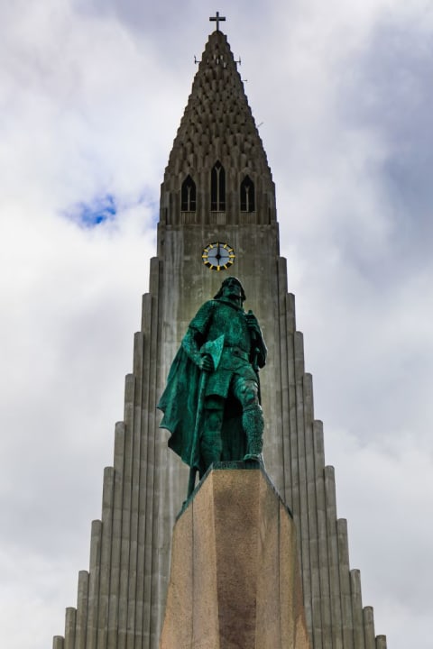 A statue of Leif Erikson, the first known European to step foot onto the continent of North America.