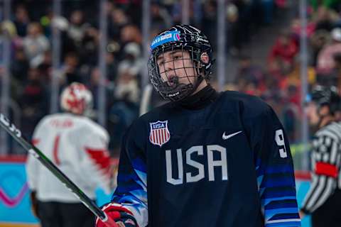 LAUSANNE, SWITZERLAND – JANUARY 21: #9 Cutter Gauthier of United States looks on during Men’s 6-Team Tournament Semifinals Game between United States and Canada of the Lausanne 2020 Winter Youth Olympics on January 21, 2020 in Lausanne, Switzerland. (Photo by RvS.Media/Monika Majer/Getty Images)