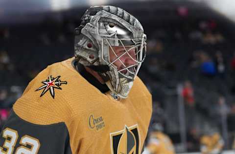 Mar 3, 2023; Las Vegas, Nevada, USA; Vegas Golden Knights goaltender Jonathan Quick (32) warms up before a game against the New Jersey Devils at T-Mobile Arena. Mandatory Credit: Stephen R. Sylvanie-USA TODAY Sports