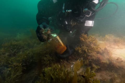 A Parks Canada diver retrieves a glass decanter at the HMS Erebus shipwreck.