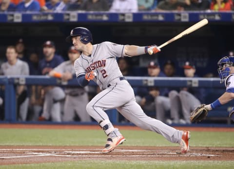 TORONTO, ON – SEPTEMBER 25: Alex Bregman #2 of the Houston Astros hits a two-run home run in the first inning during MLB game action against the Toronto Blue Jays at Rogers Centre on September 25, 2018 in Toronto, Canada. (Photo by Tom Szczerbowski/Getty Images)