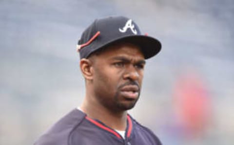 WASHINGTON, DC – SEPTEMBER 04: Michael Bourn #2 of the Atlanta Braves looks on before during a baseball game against the Washington Nationals at Nationals Park on September 4, 2015 in Washington, DC. The Nationals won 5-2. (Photo by Mitchell Layton/Getty Images)