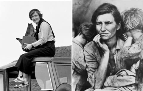 Dorothea Lange (L) in 1936 and her photo (R), titled Migrant Mother.