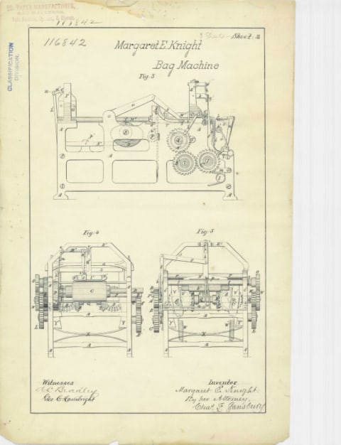 A patent drawing for Margaret E. Knight's paper bag machine, 1871.