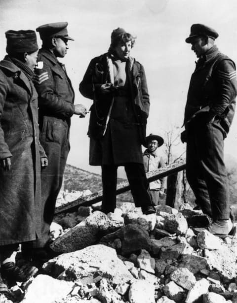 Journalist and U.S. war correspondent Martha Gellhorn speaks with Indian soldiers of the British Army on the 5th Army's Cassino front in Italy in 1944.