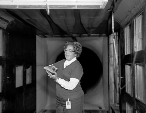 Mary Jackson with model at NASA Langley.