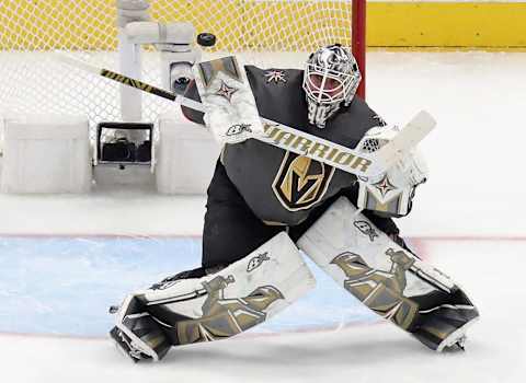 Marc-Andre Fleury #29 of the Vegas Golden Knights tends net against the Vancouver Canucks in Game Five of the Western Conference Second Round.(Photo by Bruce Bennett/Getty Images)