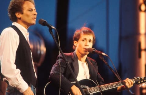 Art Garfunkel and Paul Simon perform on stage in New York City's Central Park in 1981.