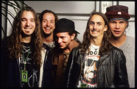 Pearl Jam members Eddie Vedder, Mike McCready, Jeff Ament, Stone Gossard, and Dave Abbruzzese at the 1992 Pinkpop Festival in Landgraaf, Holland.