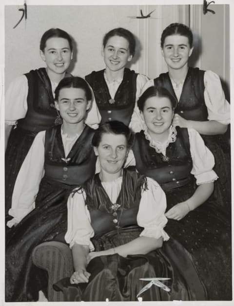 The would-be nun flanked by her five stepdaughters in 1940. In the back row, from left to right, are Agathe, Hedwig, and Johanna; Maria and Martina are in the middle.