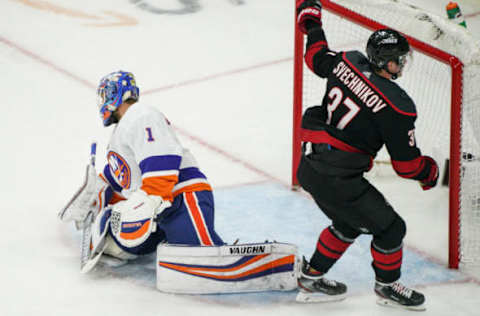 RALEIGH, NC – MAY 03: Carolina Hurricanes right wing Andrei Svechnikov (37) scores in the third period during a game between the Carolina Hurricanes and the New York Islanders on March 3, 2019 at the PNC Arena in Raleigh, NC. (Photo by Greg Thompson/Icon Sportswire via Getty Images)