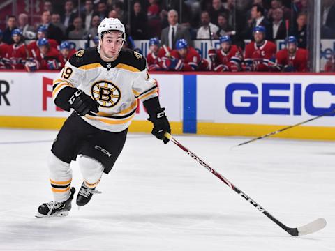 MONTREAL, QC – NOVEMBER 05: Zach Senyshyn #19 of the Boston Bruins skates against the Montreal Canadiens during the first period at the Bell Centre on November 5, 2019 in Montreal, Canada. The Montreal Canadiens defeated the Boston Bruins 5-4. (Photo by Minas Panagiotakis/Getty Images)