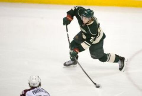 Minnesota Wild defenseman Jonas Brodin (25) takes a shot in the third period against the Colorado Avalanche in game four of the first round of the 2014 Stanley Cup Playoffs at Xcel Energy Center.Marilyn Indahl-USA TODAY Sports