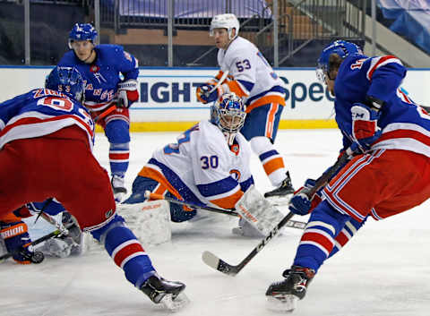 Jan 16, 2021; New York, New York, USA; Skating in his first NHL game, New York Islanders goaltender Ilya Sorokin (30) tends net against the New York Rangersduring the second period at Madison Square Garden. Mandatory Credit: Bruce Bennett /POOL PHOTOS-USA TODAY Sports