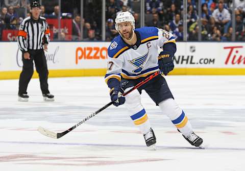 Alex Pietrangelo #27 of the St. Louis Blues skates against the Toronto Maple Leafs. (Photo by Claus Andersen/Getty Images)