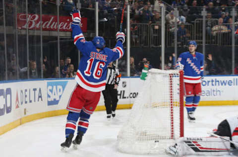 NEW YORK, NY – FEBRUARY 23: Ryan Strome #16 of the New York Rangers reacts after scoring a goal in the first period against the New Jersey Devils at Madison Square Garden on February 23, 2019 in New York City. (Photo by Jared Silber/NHLI via Getty Images)