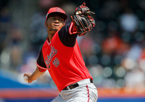 NEW YORK, NY – AUGUST 26: Jeffry Rodriguez #68 of the Washington Nationals in action against the New York Mets at Citi Field on August 26, 2018 in the Flushing neighborhood of the Queens borough of New York City. Players are wearing special jerseys with their nicknames on them during Players’ Weekend. The Nationals defeated the Mets 15-0. (Photo by Jim McIsaac/Getty Images)