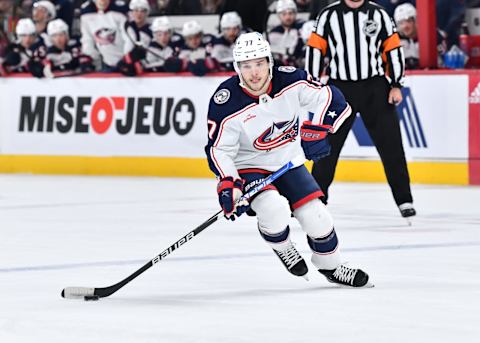 MONTREAL, CANADA – MARCH 25: Nick Blankenburg #77 of the Columbus Blue Jackets skates the puck during the first period against the Montreal Canadiens at Centre Bell on March 25, 2023 in Montreal, Quebec, Canada. The Montreal Canadiens defeated the Columbus Blue Jackets 8-2. (Photo by Minas Panagiotakis/Getty Images)