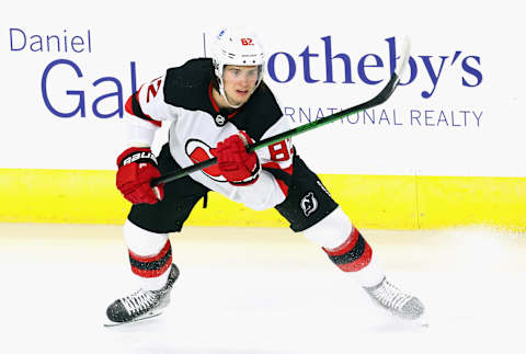 Nikita Okhotiuk #82 of the New Jersey Devils. (Photo by Bruce Bennett/Getty Images)