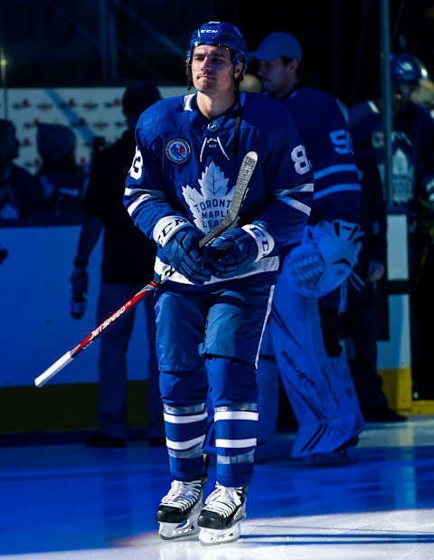 TORONTO, ON - NOVEMBER 15: Cody Ceci #83 of the Toronto Maple Leafs takes the ice to play the Boston Bruins at the Scotiabank Arena on November 15, 2019 in Toronto, Ontario, Canada. (Photo by Mark Blinch/NHLI via Getty Images)