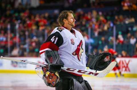 Oct 5, 2016; Calgary, Alberta, CAN; Arizona Coyotes goalie Mike Smith (41) skates during a preseason hockey game against Calgary Flames at Scotiabank Saddledome. Mandatory Credit: Sergei Belski-USA TODAY Sports