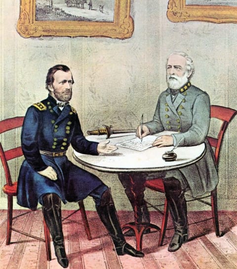 An illustration of Robert E. Lee surrendering to Ulysses S. Grant at the end of the Civil War.