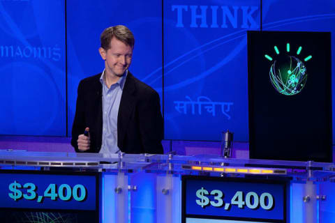 Jeopardy! champion Ken Jennings competes against 'Watson' at a press conference for the Man V. Machine Jeopardy! competition in New York in 2011.