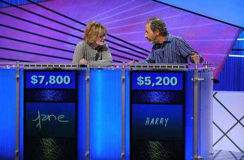 Celebrity contestants Jane Curtain and Harry Shearer pose on the set of the Jeopardy! Million Dollar Celebrity Invitational Tournament.