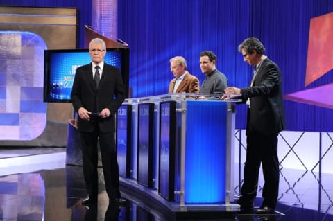 Alex Trebek greets celebrity contestants Michael McKean, Isaac Mizrahi and Charles Shaughnessy on the set of the "Jeopardy!" Million Dollar Celebrity Invitational Tournament Show.