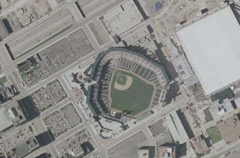 An aerial view of the Detroit Tigers' Comerica Park.