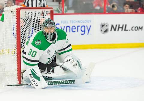 OTTAWA, ON – MARCH 16: Dallas Stars Goalie Ben Bishop (30) watches on during the second period of the NHL game between the Ottawa Senators and the Dallas Stars on March 16, 2018 at the Canadian Tire Centre in Ottawa, Ontario, Canada. (Photo by Steven Kingsman/Icon Sportswire via Getty Images)