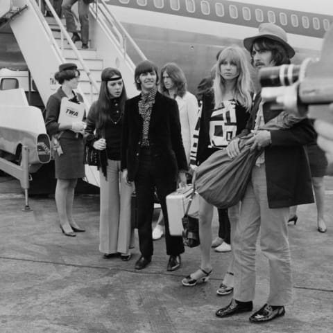 Ringo Starr, Maureen Cox, George Harrison, Pattie Boyd and Eric Clapton arrive at Heathrow Airport in 1968.