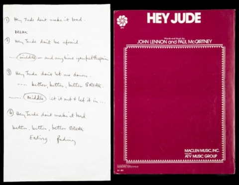 Paul McCartney's handwritten lyrics from the 1968 recording session for "Hey Jude."