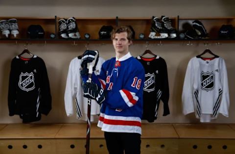 DALLAS, TX – JUNE 22: Vitali Kravtsov poses for a portrait after being selected ninth overall by the New York Rangers during the first round of the 2018 NHL Draft at American Airlines Center on June 22, 2018 in Dallas, Texas. (Photo by Jeff Vinnick/NHLI via Getty Images)