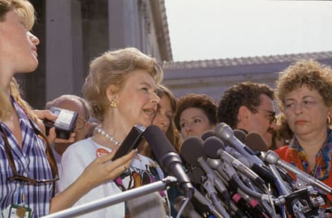 Phyllis Schlafly delivers a statement to the press in 1992.